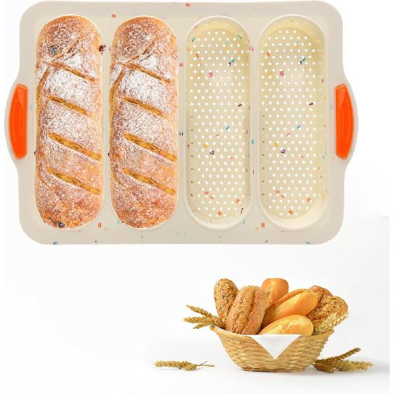 French Bread Hoagie Sub Roll Baking Pans 4-slot, Non Stick Silicone Mould Mold Tray for Sandwich Baguette Hot Dog Bun Loaf Food, Mini Tool Set for