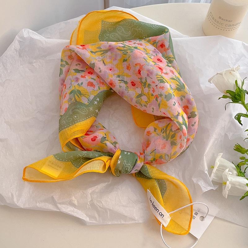 

Women s Silk Scarf Fresh Breathable Retro Versatile Floral Cotton Linen Square Scarf Soft Artistic Decorative Small Silk Scarf Yellow green flower