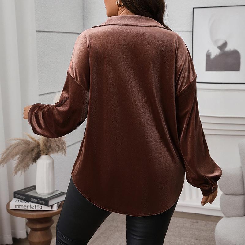 Retro Lapel Velvet Cardigan Shirt for Women - Long Sleeve, Autumn/Winter Collection 2026, European and American Style.