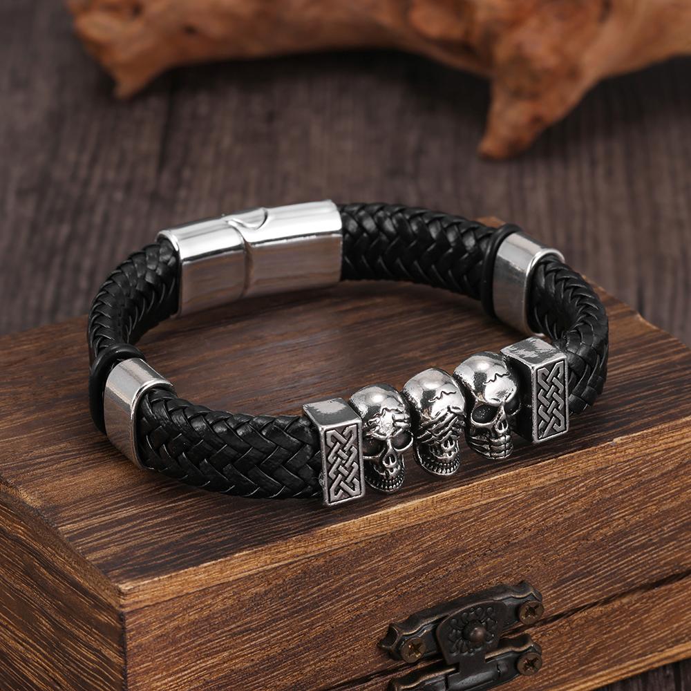 Новый панк-стиль браслет с черепом для мужчин ретро плетеный кожаный браслет модный аксессуар 21cm