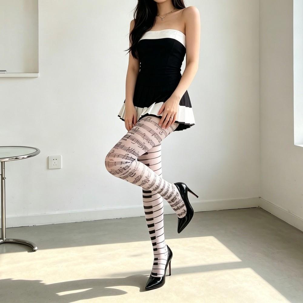 Elastic Piano Stockings Seamless Black White Pantyhose Funny Music Note Tights Cosplay