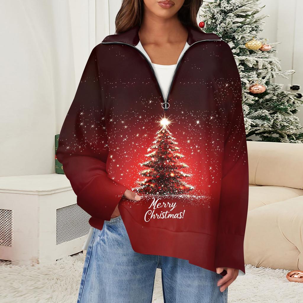 Women's Casual Half Zipper Lapel Snowflake Print Pullover Top Side Slit Fashion Clothing