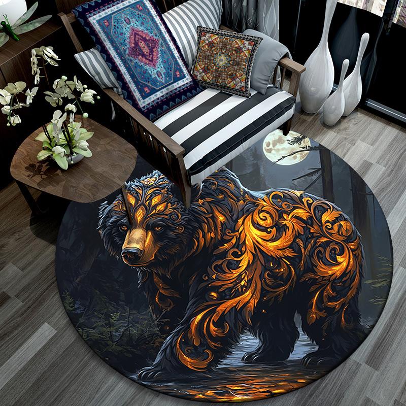 Golden Bear Round Area Rug,Carpet Rug for Living Room Bedroom Sofa Playroom Decor,Non-slip Floor Mat