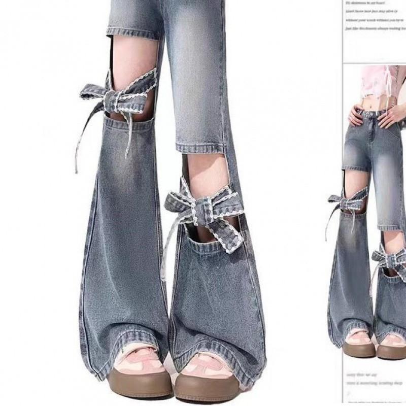 High Waist Distressed Denim Flare Pants Women Thin Cotton Blend Cropped Wide Leg Jeans With Bow Knot Detail