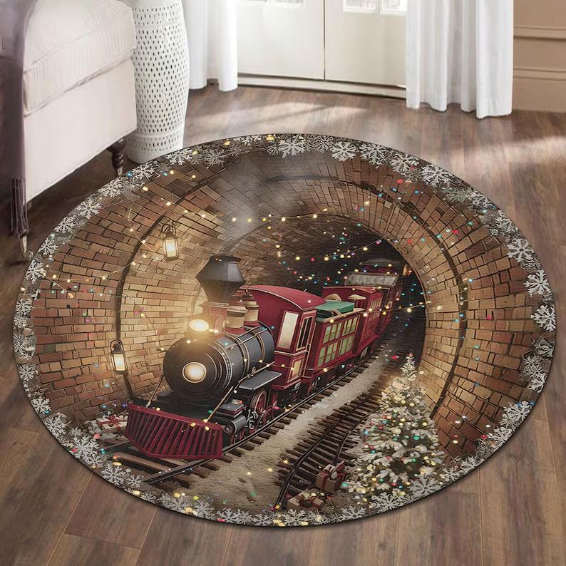 

Vintage Train Round Rug Steam Locomotive Landscape Carpet Rustic Railway Art Area Rug for Living Room Home Decoration Rugs 100cm