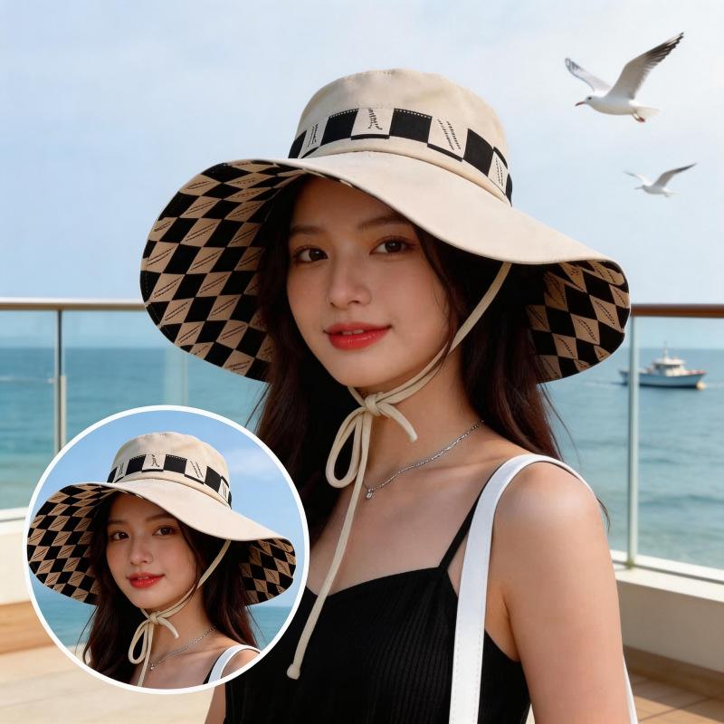 Double-sided plaid hat women's summer fashion versatile letter style large brim beach seaside vacation sun hat