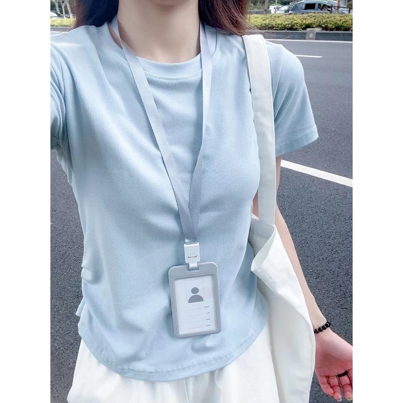 Baby Blue Cinched Waist Pleated Short Sleeve Women Slim Fit T Shirt Top S синий