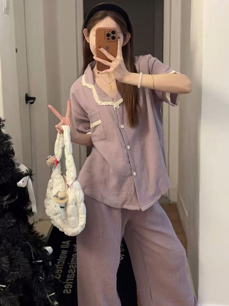 

Korean purple simple style pajamas women s summer short-sleeved trousers two-piece set women s casual loose loungewear S