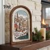 Arte Decorativa da Parete Cornice Portafoto in Legno Arcuata Vintage con Illustrazione Natalizia, Invecchiata Retrò per Decorazione Desktop e Camino,