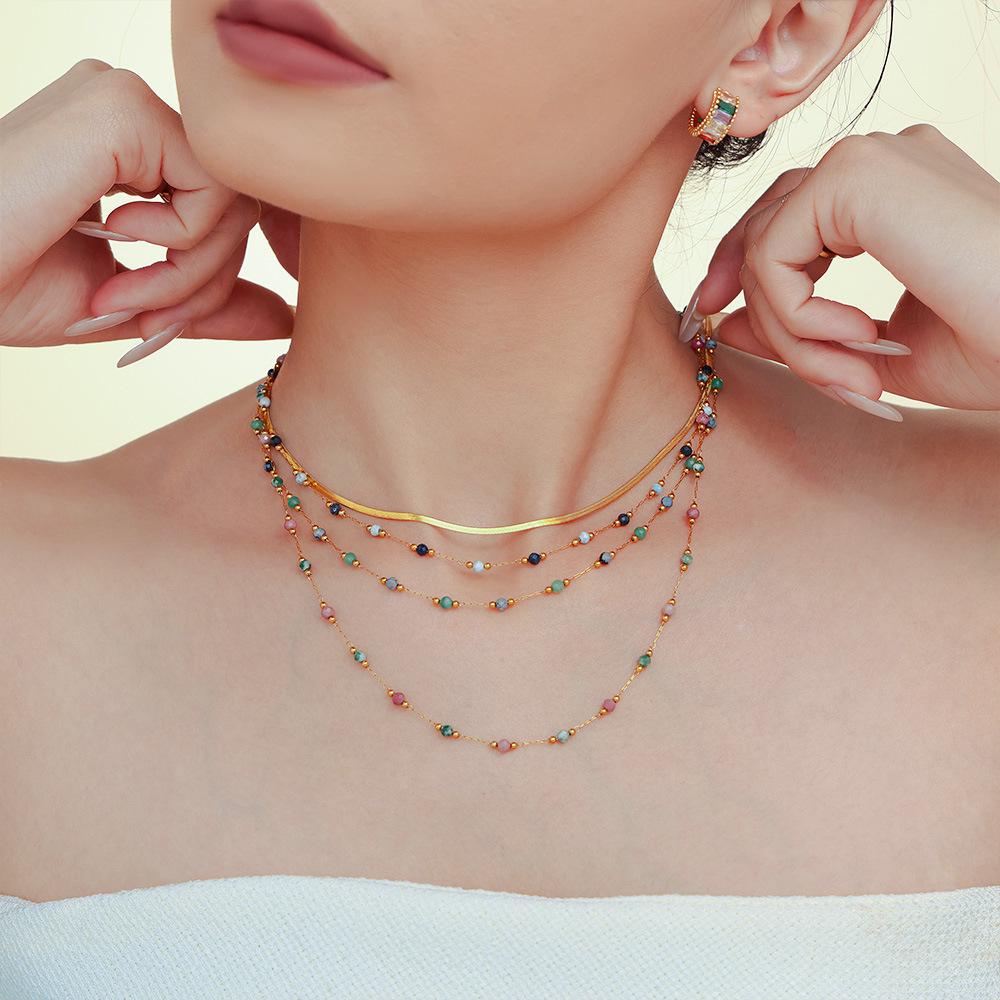 Natural Lapis Lazuli Handmade Beaded Collarbone Necklace, Double Layer Titanium Steel PVD Real Gold Plated Jewelry