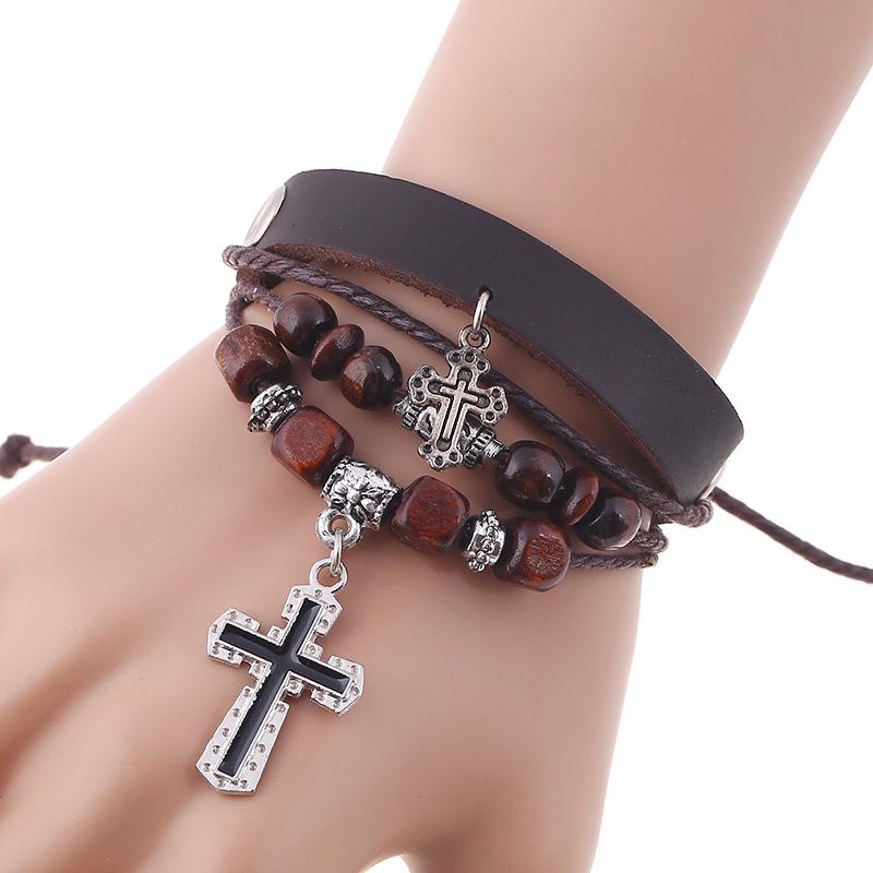Beaded cross leather bracelet real leather bracelet punk style