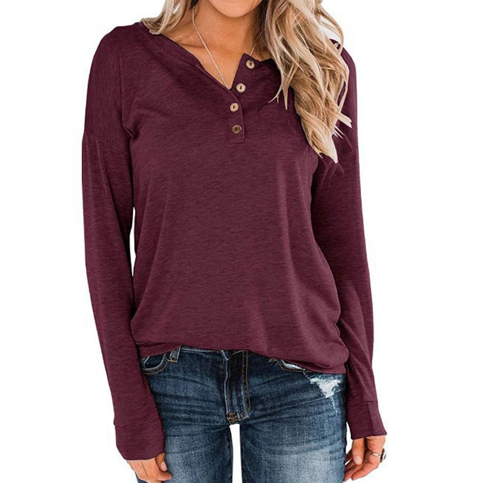 

Жіночий повсякденний та модний однотонний пуловер з круглим вирізом та довгими рукавами, топ на ґудзиках XL винний
