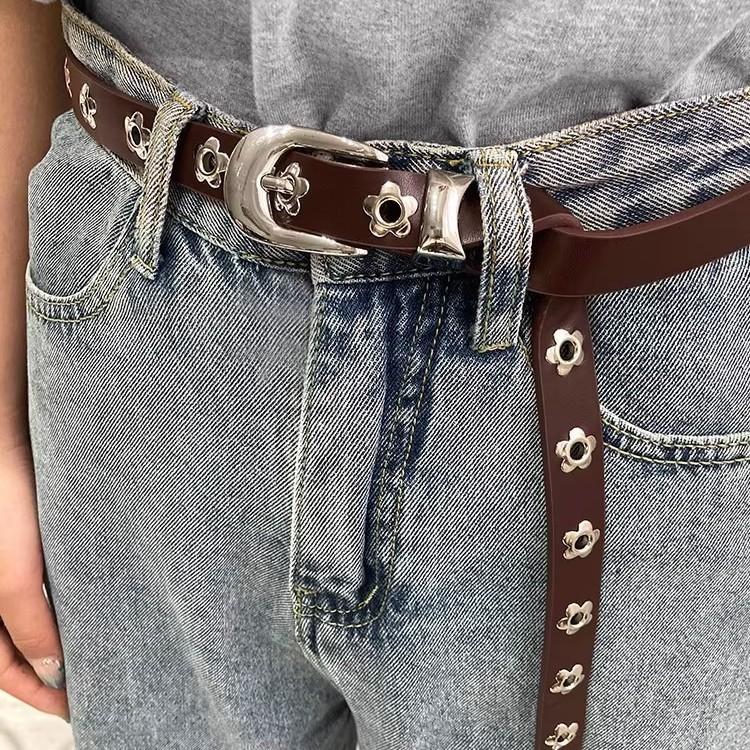Women Skinny Pu Leather Belt Fashion Floral Decor For Office Wear