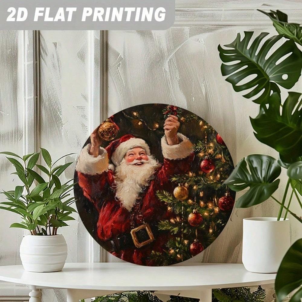 Chicole Vintage Santa Claus Round Metal Wall Art 8x8 Inch Red Gold Christmas Decor Flat Aluminum Holiday Sign