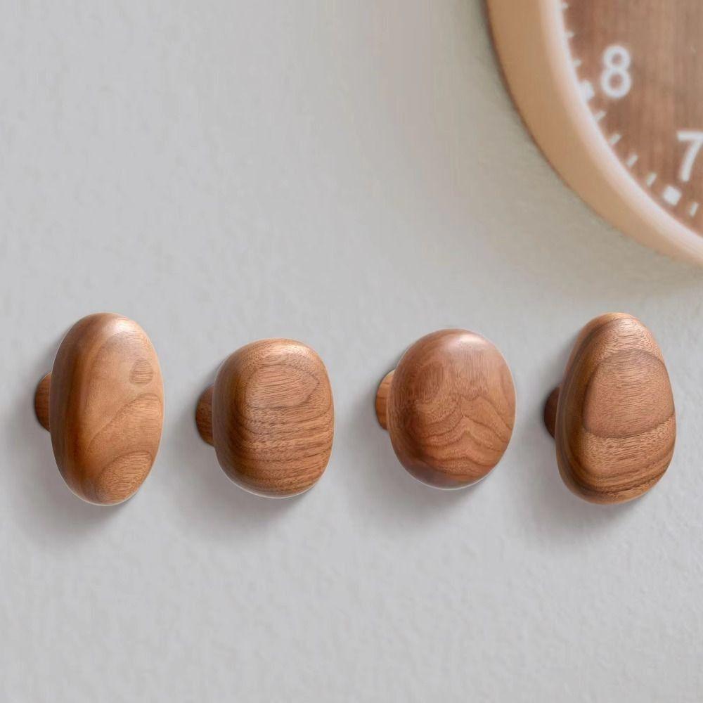 4pcs Key Hanger Beech Walnut Wood Wood Hook Punch Free Solid Wood Wall Hook Wood Handle Simple Design Towel Hook Home Decoration