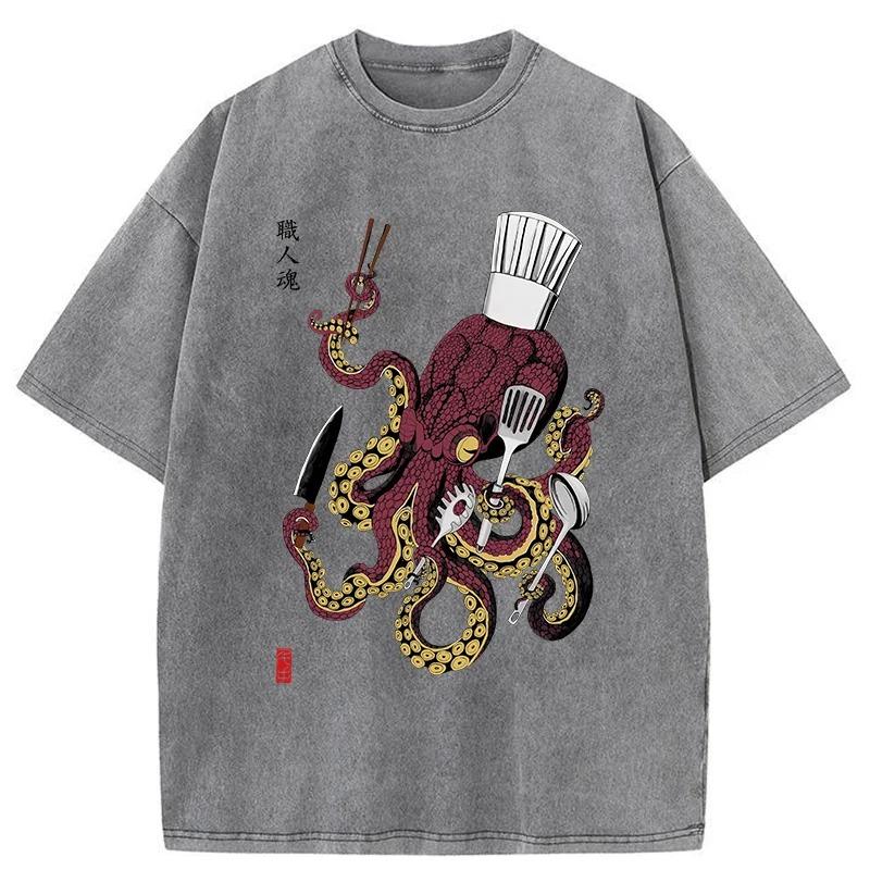 Japanese Style Octopus Chef Washed T-Shirt Summer Short Sleeve O-Neck Tees Casual Loose Holiday Oversized Chic Tunics