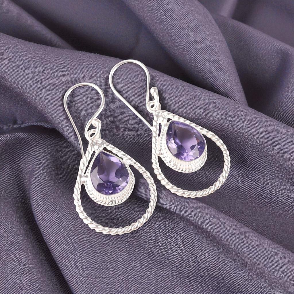 Iolite Gemstone 925 Sterling Silver Jewelry Handmade Earrings 1.70" Gift For Her EE-96-4