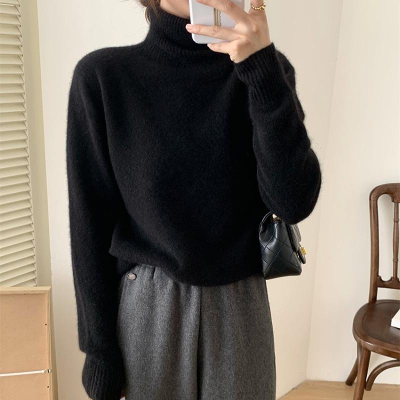 

Новый осенне-зимний серый свитер с высоким воротником, утолщенный, женский, в ленивом стиле, однотонный вязаный свитер, женский тренд для ношения под низ XL чёрный