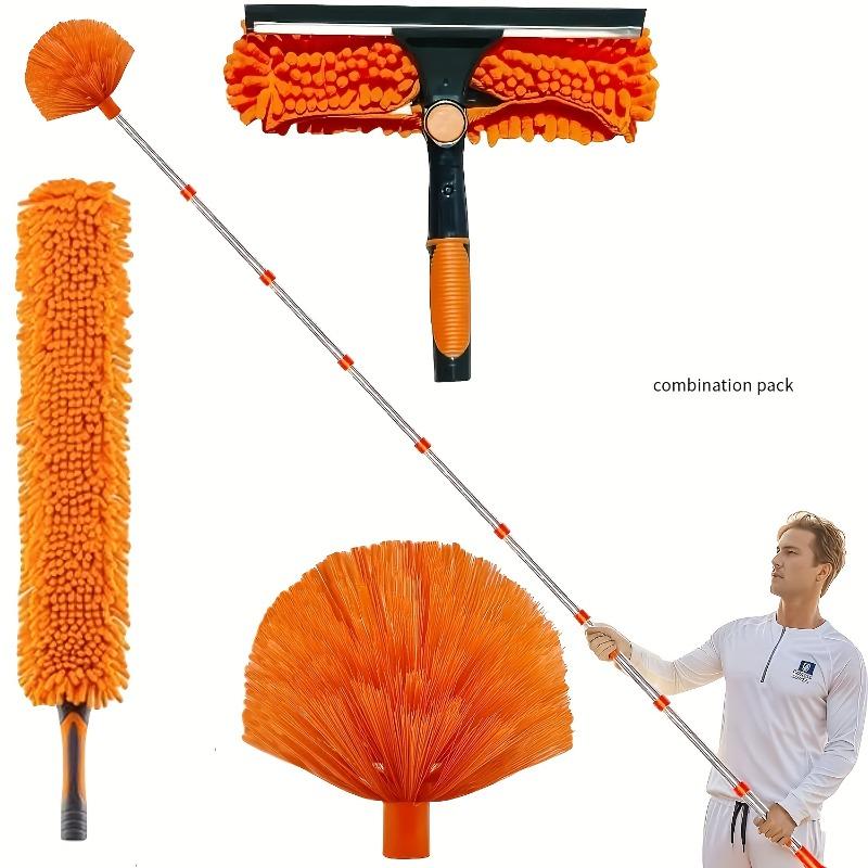 3-In-1 Telescopic Dusting Brush Set 3 To 4.27 Meter Extendable Pole Multifunctional Cleaning Kit for Ceilings Wall Outdoor Areas