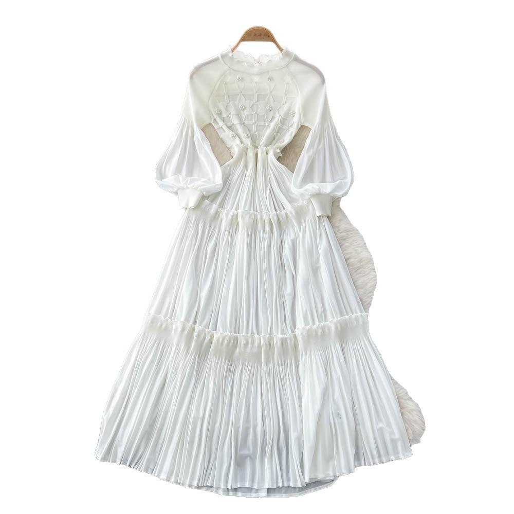 French Retro Lantern Sleeves Pleated Dress Women's Waist and Thin A-shaped Long Dress Lady Style Level Long Dress