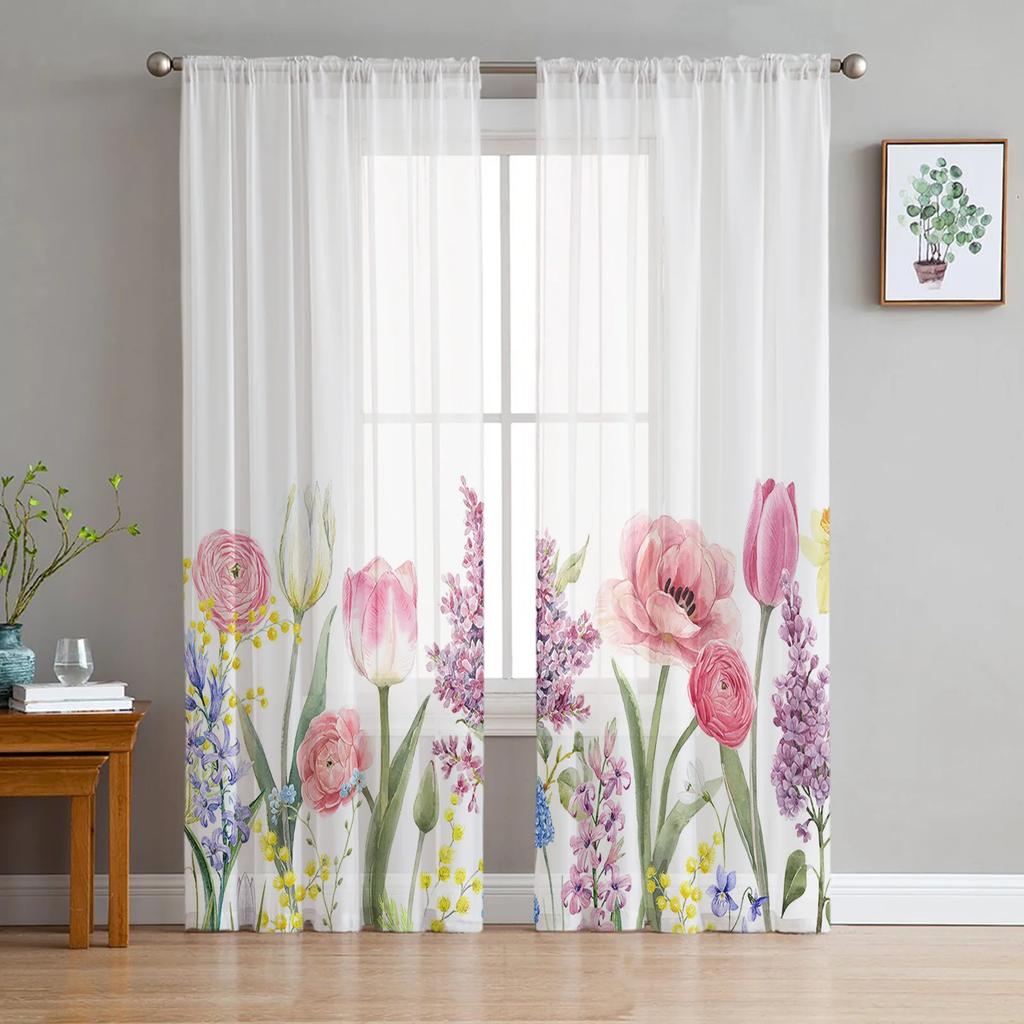 Spring Tulips Easter Mother Day Flowers Tulle Curtains Living Room Home Kitchen Decor Bedroom Window Drapes Light Filtering Made Of Polyester Sitting