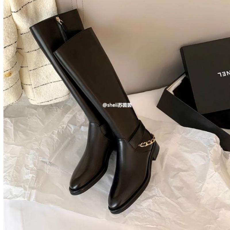 Chain Leather Coarse Heel High Boots Boots Women's Knight Boots Winter