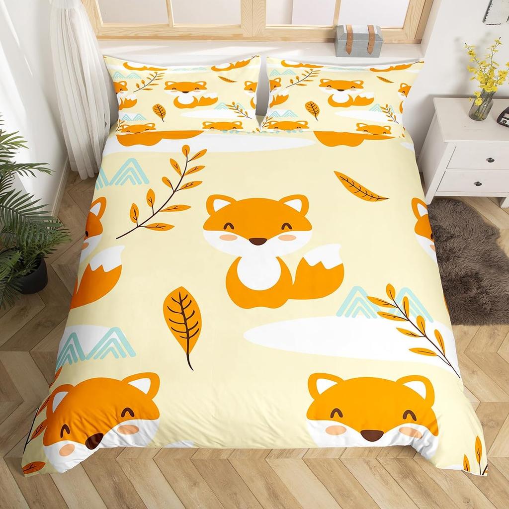Kids Cartoon Fox Duvet Cover King Queen Orange Animal Bedding Set Girls Teens Bedroom Decor Comforter Cover with 2 Pillow Case