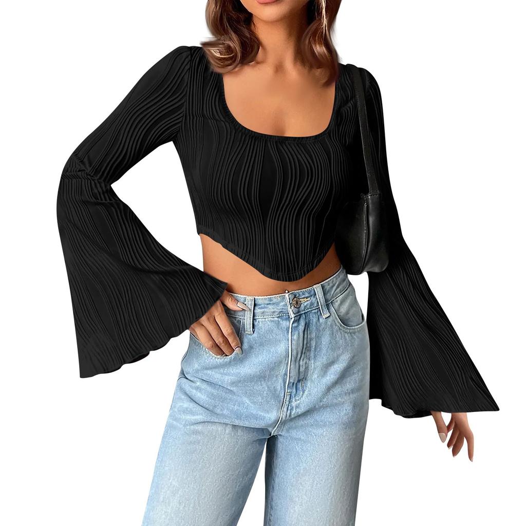 Women's U Neck Color Crop Slimming Fashion Flared Long Sleeve Top Sexy Short T-shirt Top