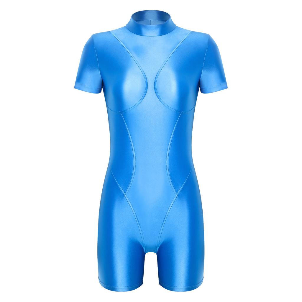 Costume da bagno da donna lucido e oleoso, collo alto, manica corta, schiena scoperta, vestibilità aderente, intero, costume da surf
