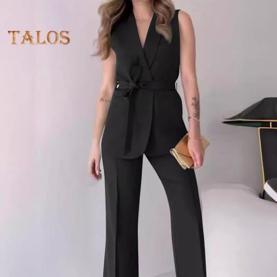 2 sztuk/zestaw Płaszcz damski Zestaw spodni V Neck Sznurowane Wąska talia Kardigan średniej długości Kurtka bez rękawów Szerokie nogawki Wysoka talia Proste spodnie Lady Formalne