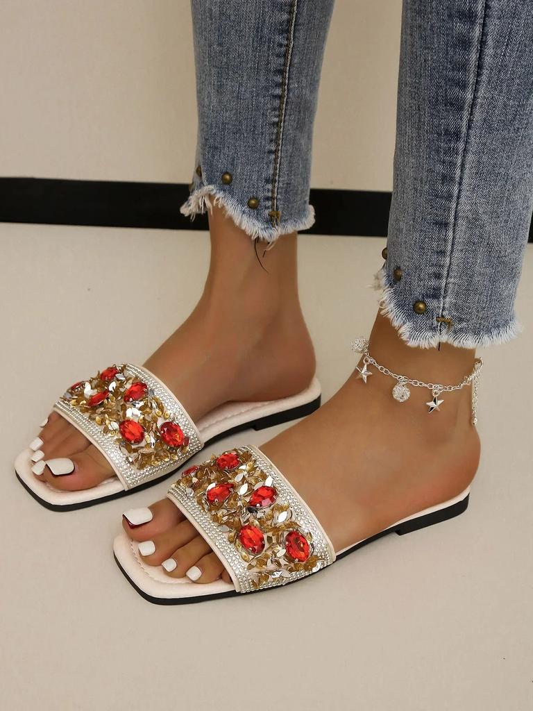 Summer Women Shoes Outdoor Open Toe Shiny Rhinestone Women's Slippers Large Size Flat female Slippers Women's Sandals