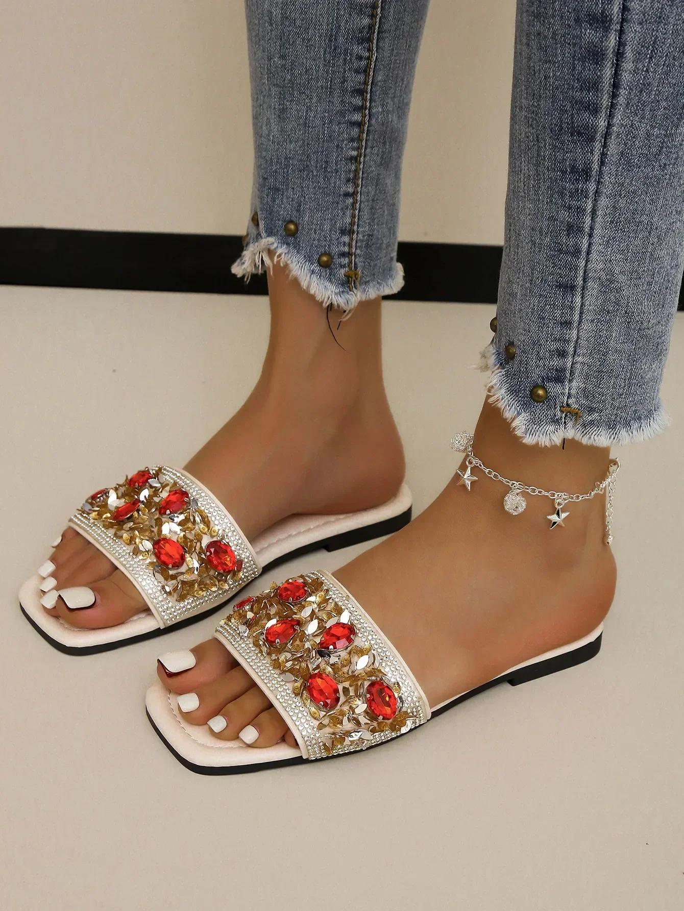 

Модная летняя женская обувь для улицы с открытым носком, блестящие женские шлепанцы со стразами большого размера, плоские женские шлепанцы, женские сандалии 36