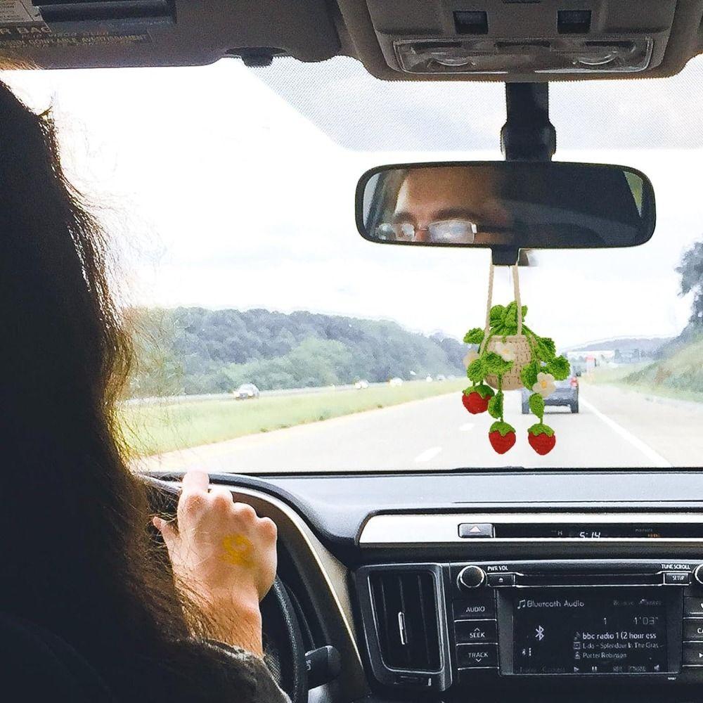 Cute Car Plant Crochet Hanging Basket Knitted Rear View Mirror Ornament Gifts