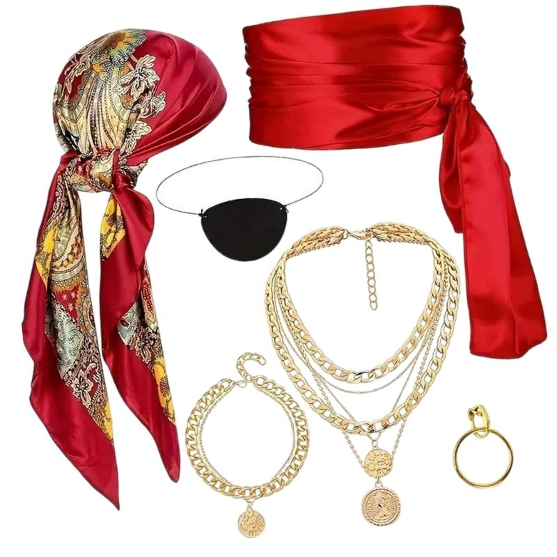 Vintage Pirate Accessory Bundle Headscarf Belt Necklace Bracelet Cosplay Costume Halloween Prop