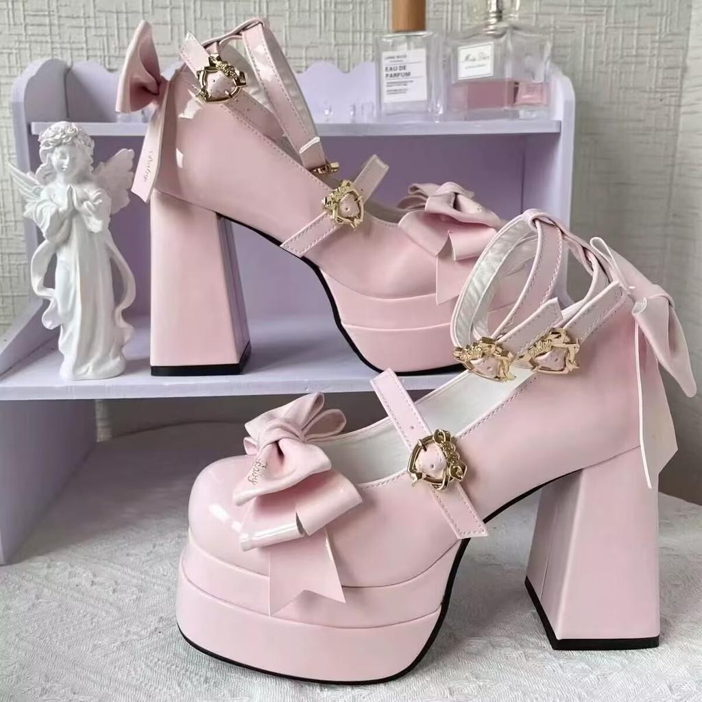 Fashion Lolita High Heels Original Design Japanese Style Sweet Spring Summer Round Head Leather Pumps Mary Jane Shoes