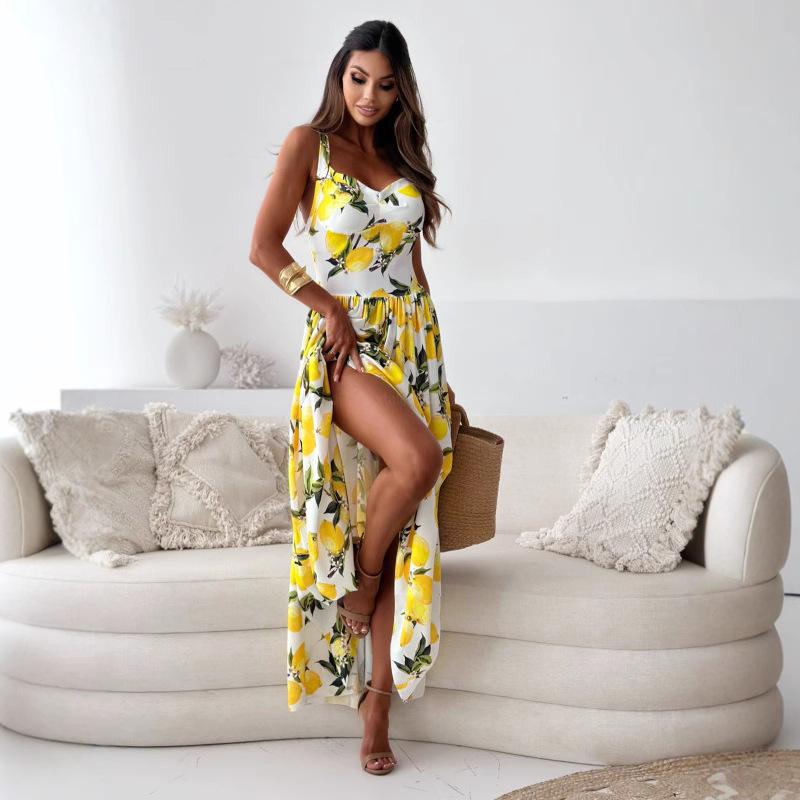 

New Women s Floral Print Backless Camisole Maxi Dress, Tie Waist Split Hem Long Bohemian Beach Dress for Summer Parties XXL жовтий