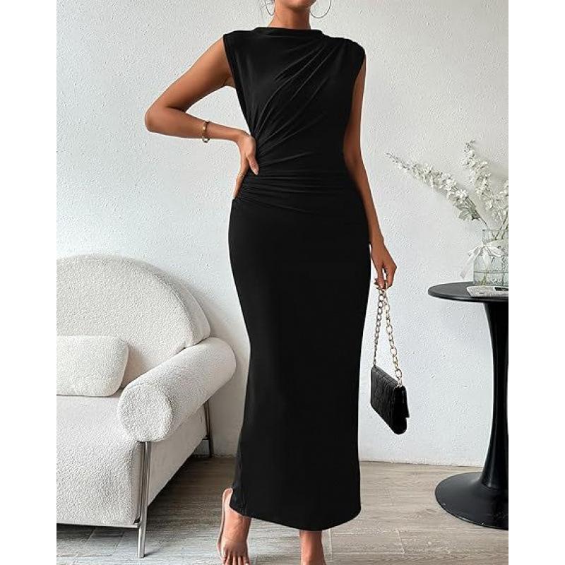 Sleeveless Back-slit Pleated Fitted Dress Women's Fashionable Elegant Tank Dress Suitable for Commuting Dates Formal Occasions