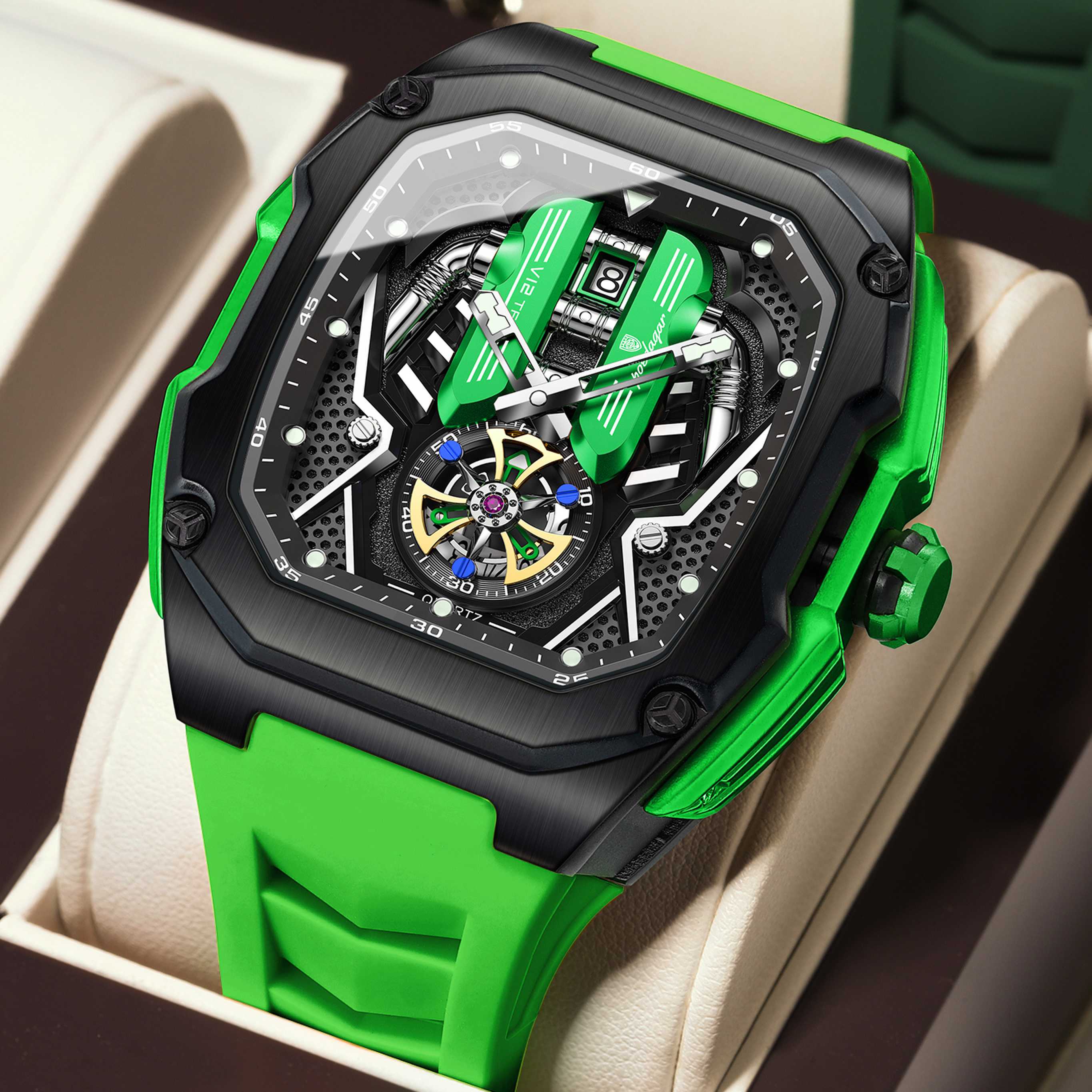 POEDAGAR Men Skeleton Quartz Watch Silicone