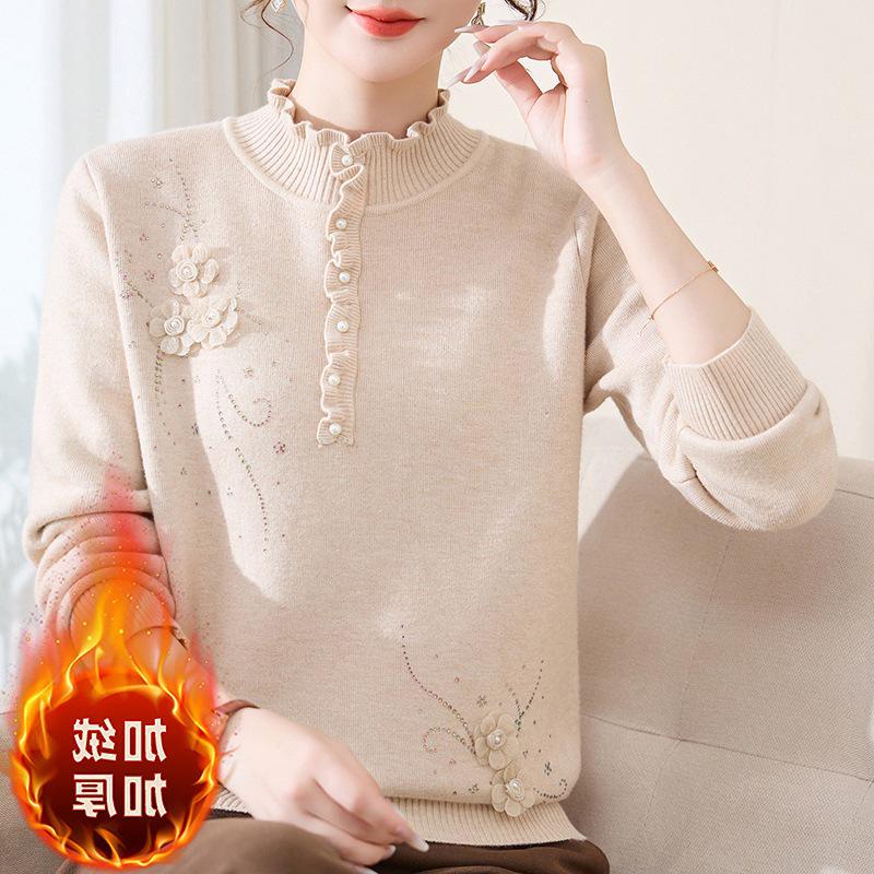 Women's Winter Fleece Knit Top: Plus Velvet Wood Ear Collar Base Layer for Middle-Aged Moms