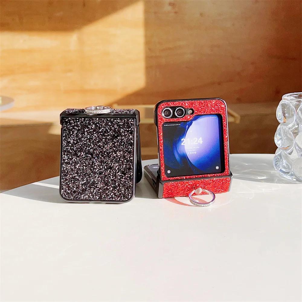 Ring Diamond Sparkling Powder Phone Case for Samsung Galaxy Z Flip 6 5 4 3 Flip6 Flip5 Flip4 Flip3 Protective Shockproof Cover
