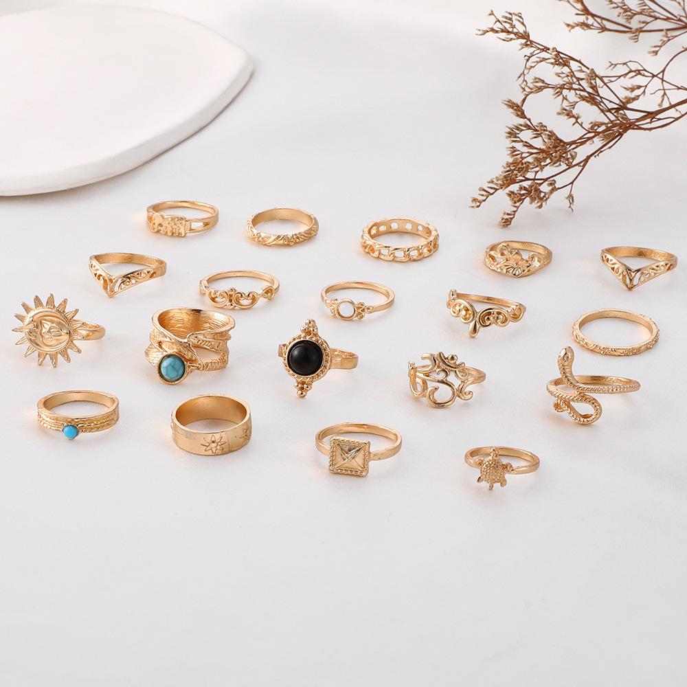 Cross-border Turquoise Ring Set Snake-shaped Turtle Fashion Black Hollow Elephant Combination 19-piece Set for Women