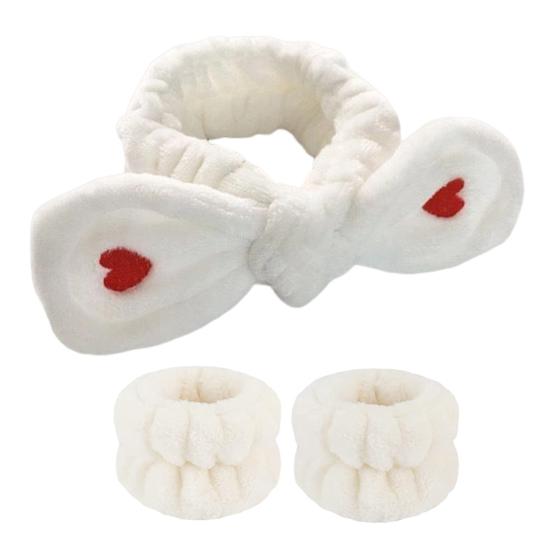 2Pcs/Set Women Spa Headband Wristband Set Bowknot Decor Flannel Face Wash Shower Hairband Waterproof Wristband Set