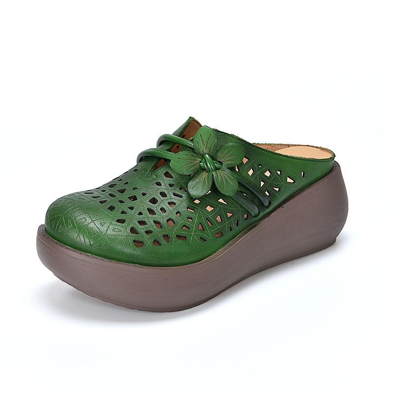Johnature Ethnic Style Flower Wedges Slippers Genuine Leather Hollow Retro Outdoor Women's Sandals