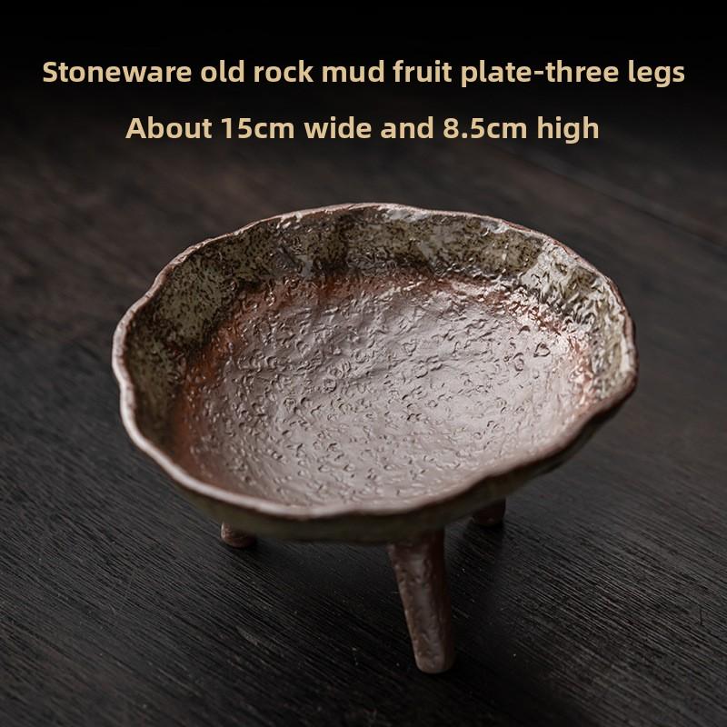 Handmade and Creative Three Legged Rough Pottery Fruit Plate, Living Room, Household Antique Ceramic Tea Plate