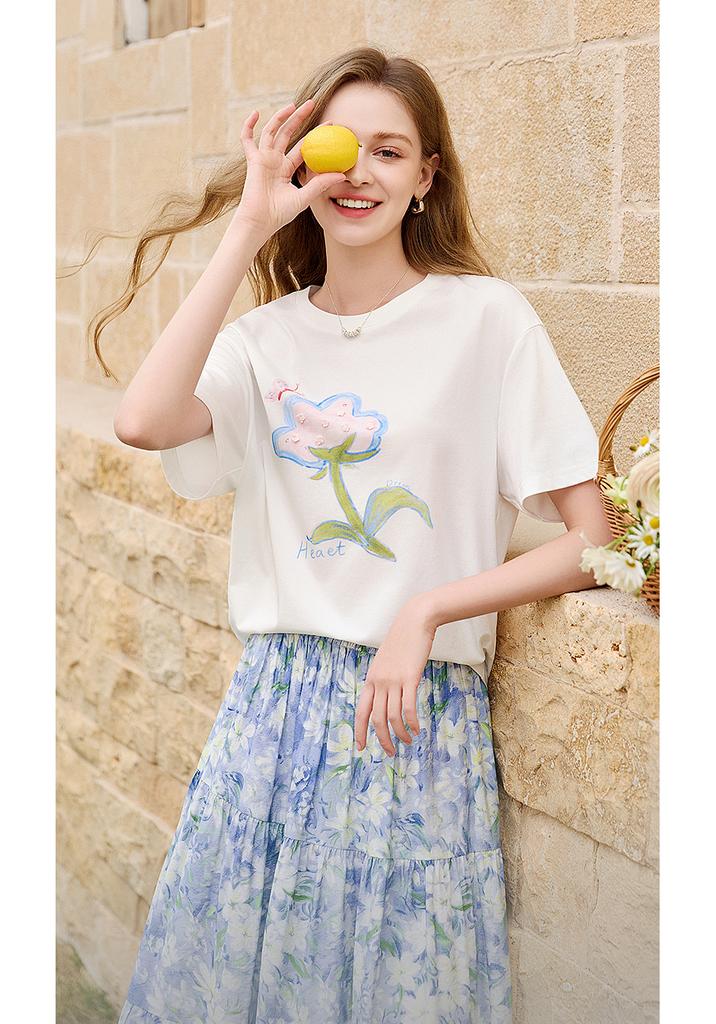 Fragrant Shadow Dopamine Printed White T-shirt for Women, 2026 Summer New Edition, Lyocell Loose Casual Short Sleeve Thin Top