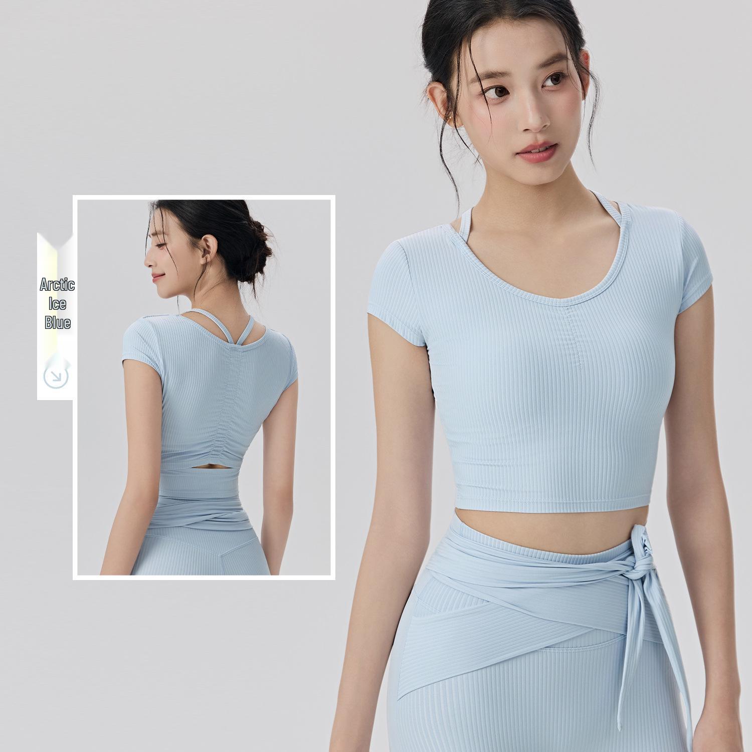 

Ruffled Hollow-Back Yoga Tee with Built-In Bra Pads - Slim Fit, Breathable, Short-Sleeve Fitness Top M