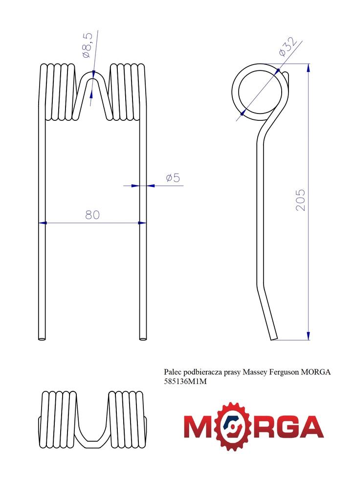 Pick-up Tine for Massey Ferguson 585136M1 Baler FI-5mm -198mm Powder Coated MORGA