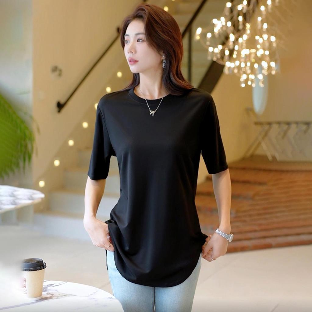 Women's Cool Ice Feel Solid Color Round Neck Short Sleeve Loose Fit Summer Top with Curved Hem