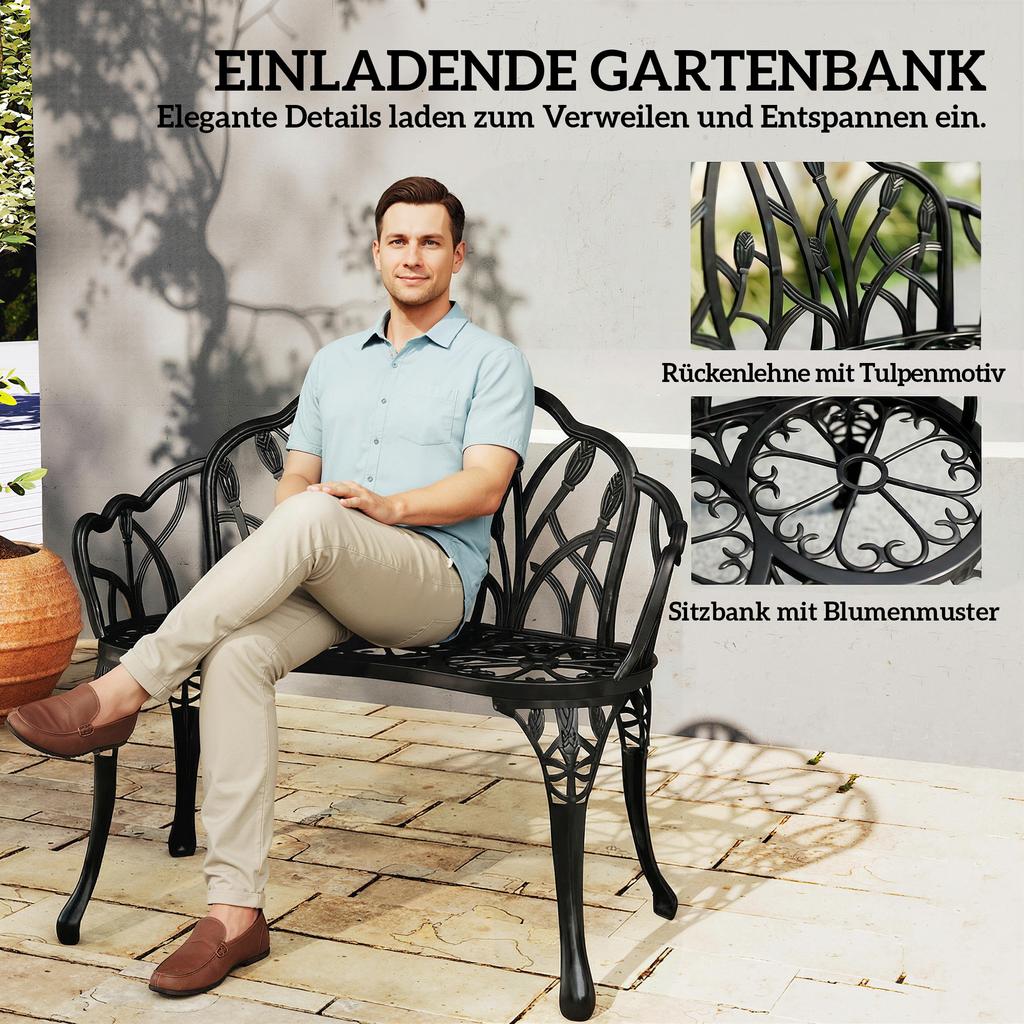 Panca da Giardino a 2 Posti in Ghisa di Alluminio Resistente alle Intemperie con Schienale a Tulipano Motivo Floreale 99 x 57 x 78 cm