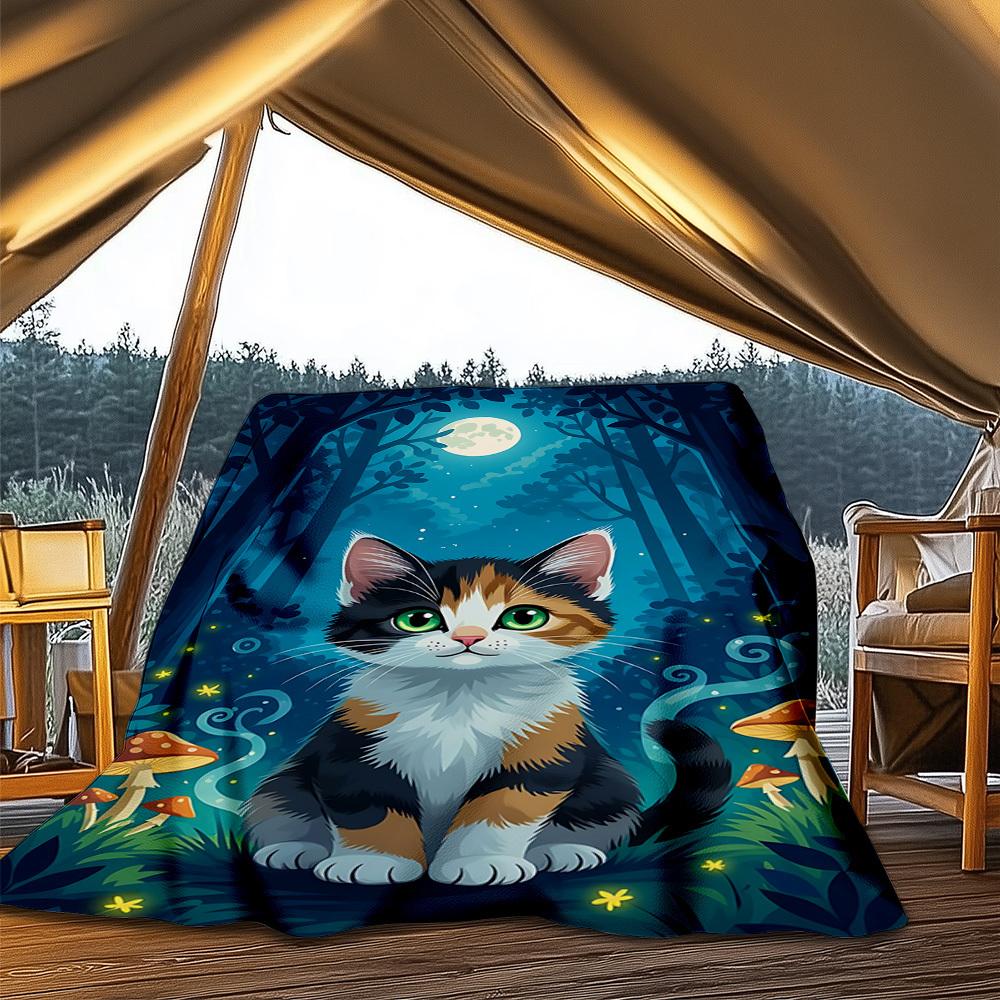 1pc Cat Forest Outdoor Blanket - Soft Flannel Cozy for Travel & Camping - All-Season Warm Bed Cover, Machine Washable Yy251229089